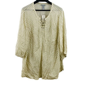 Womens 3X 26/28W Catherines Tunic Beige White Stripe Peasant Blouse 3/4 Sleeve